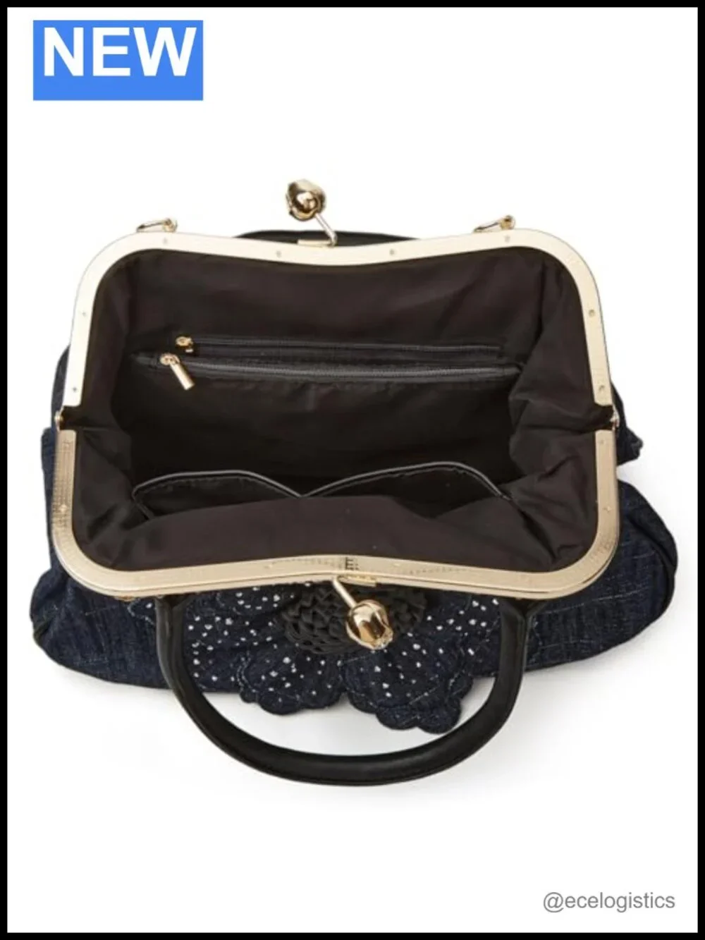 Denim Kiss Lock Tote Handbag Rhinestone Floral Clutch Crossbody Shoulder Bag